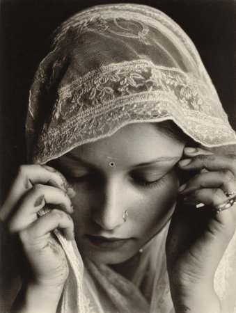 A woman gracefully adjusts her delicate veil over sindoor, deeply focused and capturing a moment of cultural significance and personal reflection.の素材