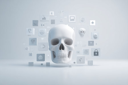 A digital mockup presents a skull at the center, surrounded by icons representing healthcare, security, and technology on a clean white background.の素材