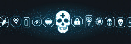 Digital healthcare poster mockup displays a skull and various medical icons representing health, safety, and technology in a modern design.の素材