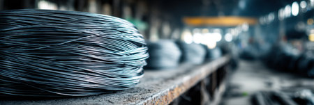 A steel wire coil rests on an industrial table, illuminated by soft side light, showing the raw materials in a manufacturing environment.の素材