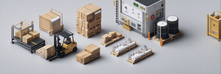 Materials are organized with various pallets and a forklift in a warehouse, showcasing an efficient layout for handling goods and supplies during operations.の素材