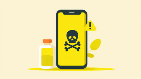 A smartphone with an alert icon shows a poison helpline number next to a bottle representing poison, emphasizing the importance of safety and awareness.の素材