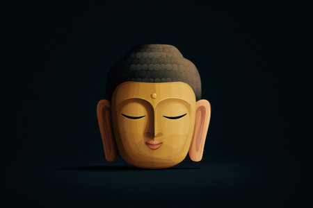 Buddha face displays a serene expression with closed eyes, created in flat design style against a dark background, highlighting tranquility and peace.の素材