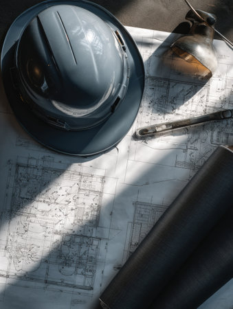 Blueprint rolls and a construction helmet are arranged on a workspace with focused lighting above, highlighting the intricate details of the plans.の素材