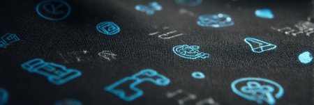 A close perspective on tech fabric including various fitness symbols reflects the synergy between technology and athletic performance apparel.の素材