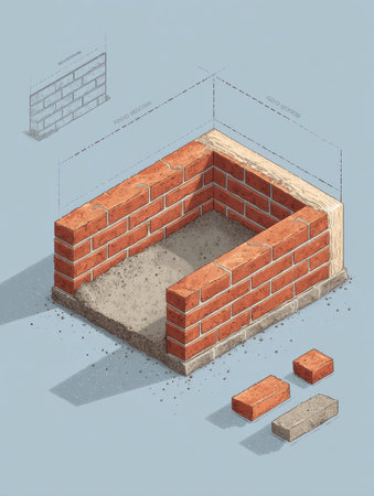 Brick laying tutorial concept showcases the process of constructing a brick structure, highlighting layers and materials used in the project for beginnersの素材
