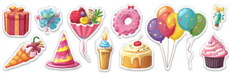 Festive stickers include vibrant balloons, delicious cakes, playful party hats, and sweet treats perfect for enhancing birthday celebrations and parties.の素材