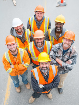 Construction workers in safety gear stand united on a job site, highlighting teamwork and professionalism in daylight.の素材