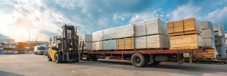 Forklift efficiently loads building materials onto a truck at a construction site under a clear afternoon sky, showcasing the logistics of material handling.の素材