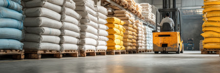 A pallet jack moves stacked cement bags on wooden pallets through a tidy warehouse environment with various bag colors neatly arranged.の素材
