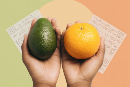 Hands grasp a ripe avocado and bright orange while receipts lay beneath, illustrating a blend of healthy food selections with shopping essentials.の素材