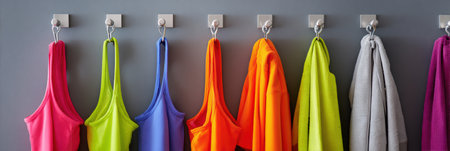 Colorful tanks and shorts are neatly organized on wall hooks, presenting a lively and stylish summer wardrobe ready for use at any time.の素材