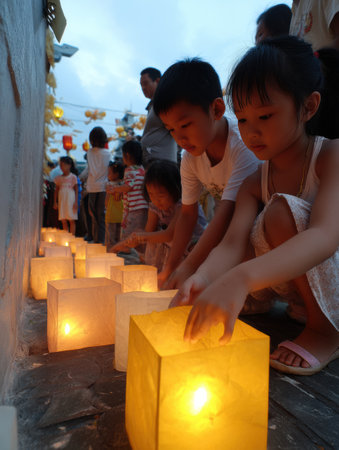 Groups of children light lanterns along a pathway as part of Vesak festivities, celebrating the birth of Buddha in a vibrant community atmosphere.の素材