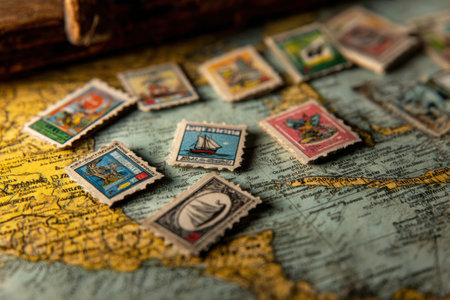 Colorful travel destination stickers are placed on a vintage map, highlighting various locations and inviting exploration and adventure through travel.の素材