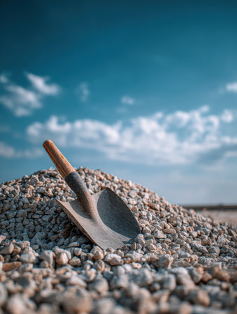 A shovel rests on a large pile of gravel in a construction zone, set against a bright blue sky with few scattered clouds, indicating midday activity.の素材