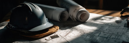 Detailed blueprint rolls and a construction helmet are laid out on a surface, bathed in warm light that highlights the tools of the trade and the workspace.の素材
