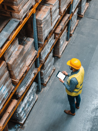Worker in safety gear checks inventory on a tablet while standing among neatly stacked pallets in a well-organized warehouse environmentの素材