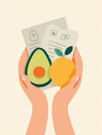 Hands display a ripe avocado and an orange with receipt symbols in a softly faded backdrop, emphasizing nutrition and mindful eating.の素材