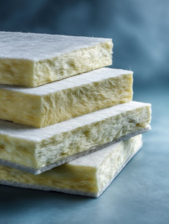 Reflective light plays on stacked glass wool insulation sheets, revealing textured surface and potential applications in building efficiency and energy saving.の素材