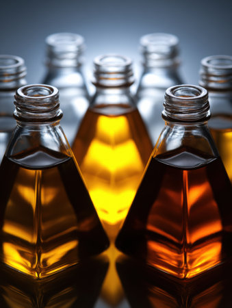 Symmetrically arranged construction chemistry bottles showcase vibrant colors, tapering towards the center for a captivating effect.の素材