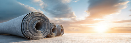 Rolled geotextile fabric prepares for installation in foundation works, with a colorful sky and fading sunlight creating a stunning backdrop.の素材