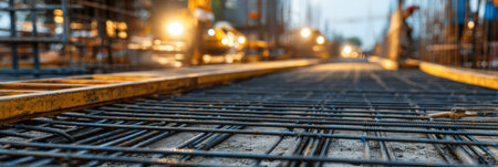 Construction workers assemble a steel foundation frame as lights illuminate the workspace during the evening hours at a building site.の素材