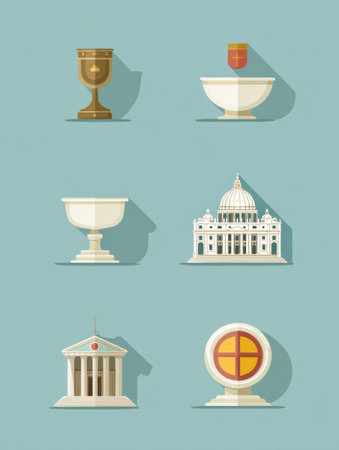Colorful flat icons represent key Catholic sacraments alongside the iconic Vatican architecture, illustrating the significance of faith and tradition.の素材