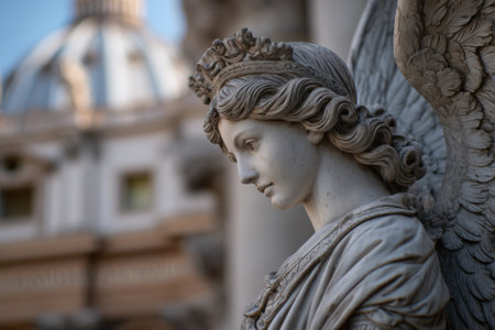 Marble angel highlights statue detailed craftsmanship against the backdrop of the Vatican dome, blending spiritual symbolism with architectural beauty.の素材