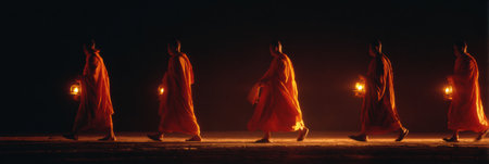 Buddhist monks carry candles while walking quietly at night, illuminating their path and creating a tranquil atmosphere in the darkness.の素材