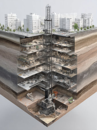 This visual shows a detailed 3D cross-section of underground construction, featuring earth layers and advanced machinery for urban projects.の素材