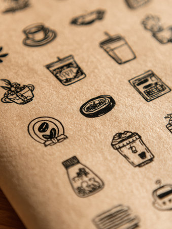 A collection of black outline stickers on kraft paper features illustrations of food, beverages, and plants, offering a unique touch for creative projects.の素材