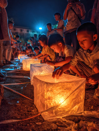 Children participate in the Vesak celebration by lighting colorful lanterns, filling the night with warmth and joy in a community gathering.の素材