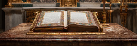 Gold-trimmed Vatican bible rests on a marble altar, showing intricate design elements and an empty right margin, enhancing its historical significance.の素材
