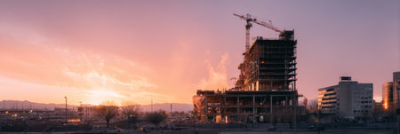 A crane is stationed beside an unfinished building as warm sunrise light illuminates the construction site, highlighting a beautiful morning in the city.の素材