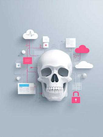 A poster features a stylized skull surrounded by healthcare icons like a lock and medicine, representing digital health security.の素材