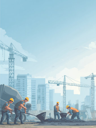 Workers in safety gear are pouring cement at a bustling construction site, with tall buildings and cranes visible under a bright sky.の素材