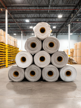 Rolls of roofing material are neatly stacked in a spacious warehouse, with clean surfaces emphasizing organization and readiness for use.の素材