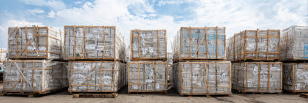 Crates of tile adhesive are shrink-wrapped and stacked on pallets, surrounded by a clear sky with scattered clouds at a construction supply location.の素材