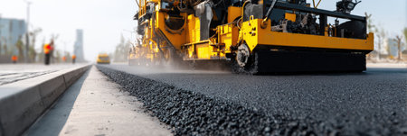 A road paver machine lays a fresh layer of asphalt on an urban street, while construction workers monitor the process under a clear sky.の素材