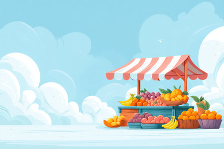 A vibrant fruit stand displays various fresh fruits, set against a clear blue sky adorned with fluffy clouds, creating a lively market vibe.の素材