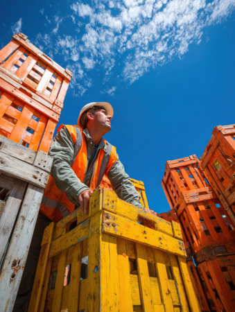 Construction worker in safety vest arranges colorful crates on site, surrounded by a vivid blue sky and sunlight, highlighting a busy workday atmosphere.の素材