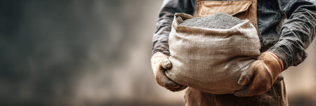 A worker is holding a bag of dry cement mix while wearing gloves and a work outfit at a construction site in the daytime.の素材