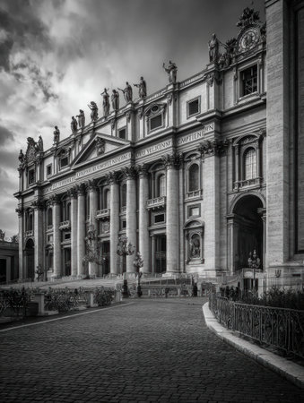 A striking view of St. Peters Basilicas left side, showcasing its gothic architecture and intricate details against a dramatic sky.の素材