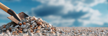 A mound of gravel sits on the ground with a shovel resting beside it, set against a backdrop of a clean sky, indicating a landscaping effort in progress.の素材