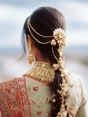 Brides hair is elegantly styled with sindoor, complemented by decorative accessories, while a serene sky provides a tranquil background.の素材