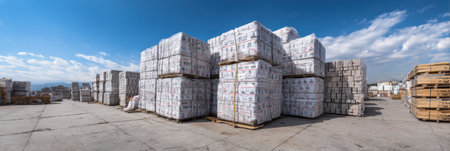 Large quantities of tile adhesive are neatly stacked in crates, shrink-wrapped and organized at a distribution center under a bright sky.の素材
