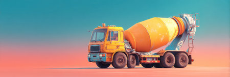 A bright concrete mixer truck is parked against a beautiful gradient sky, emphasizing its role in construction and development projects at dusk.の素材