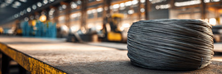 A steel wire coil is placed on a sturdy industrial table, illuminated by soft side lighting in a spacious manufacturing facility.の素材