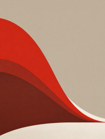 A modern design features a bold red line dividing soft beige, with an open upper section that highlights abstract composition and color contrast.の素材