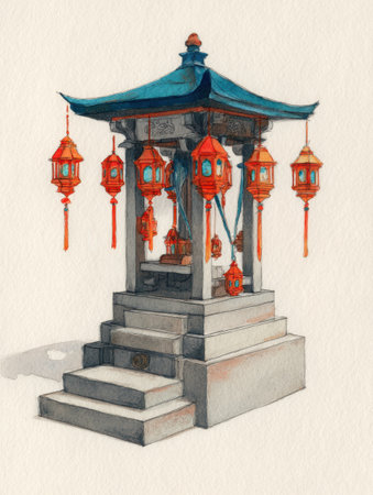 A stunning watercolor shrine for Vesak, decorated with vibrant lanterns, highlighting traditional artistry and spiritual meaning.の素材